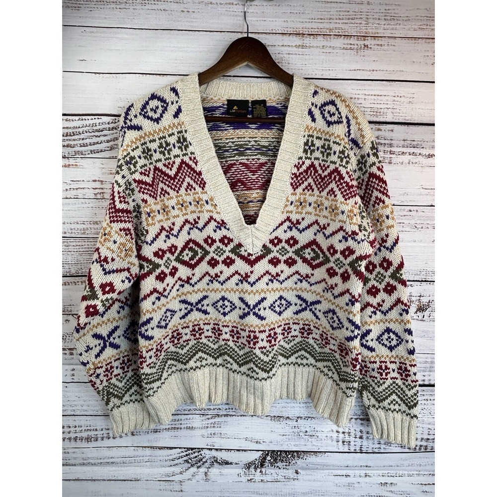 Vintage 90s Fair Isle Cotton/Wool Sweater Cream Multicolor Deep V-Neck Apres Ski